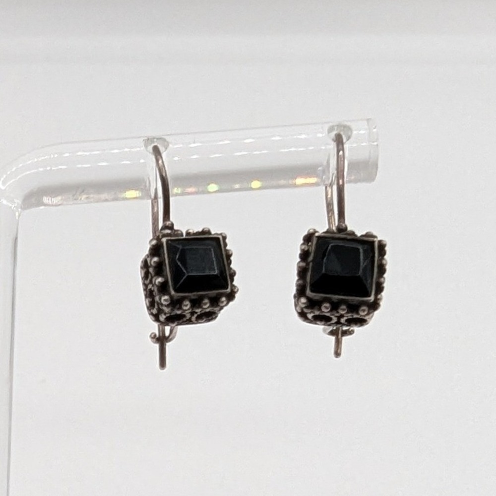 Vintage Sterling Silver Square Black Onyx Filigree Drop Kidney Wire Earrings 925